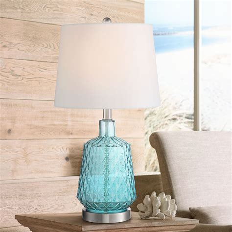 360 Lighting Modern Coastal Accent Table Lamp Blue Glass White Drum ...