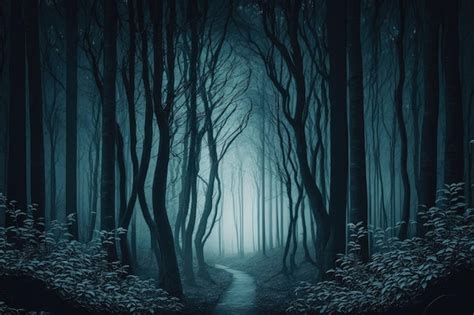 Premium Photo | Dark and mysterious forest with towering trees a misty ...