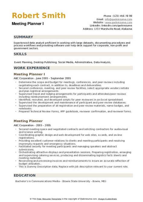 Meeting Planner Resume Samples | QwikResume