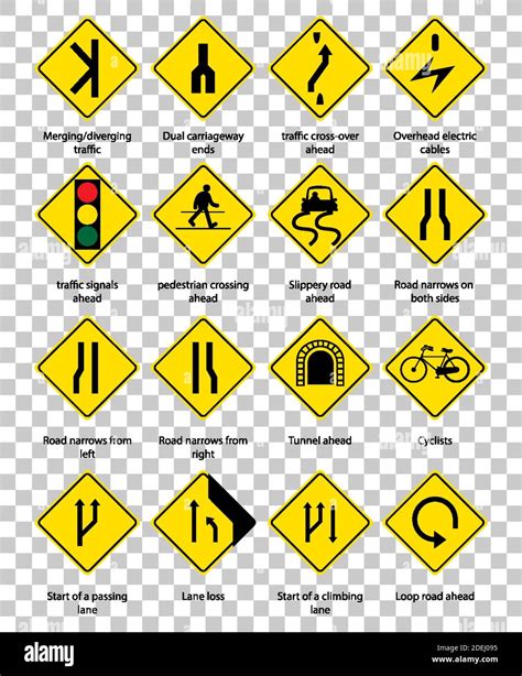 Set of yellow traffic warning sign on transparent background ...