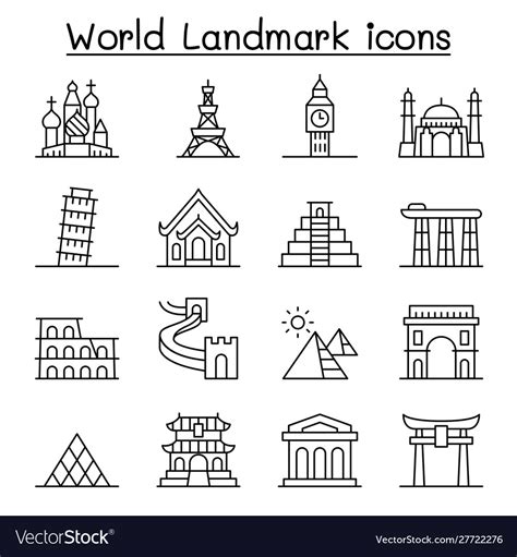 World landmark icon set in thin line style Vector Image