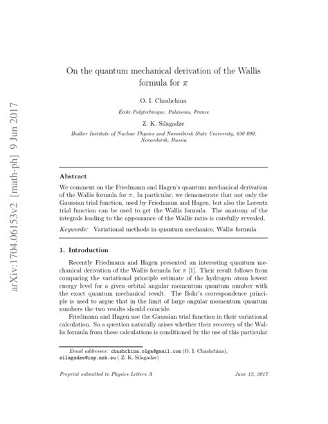 (PDF) Notes on the quantum mechanical derivation of the Wallis formula for $\pi