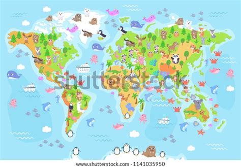 Vector illustration of world map with animals for kids. Flat design.