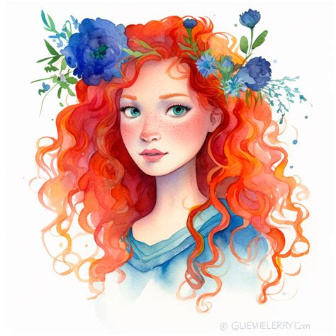 watercolor Scottish princess Merida, long, curly red hair, bright blue eyes, flowers, clipart ...