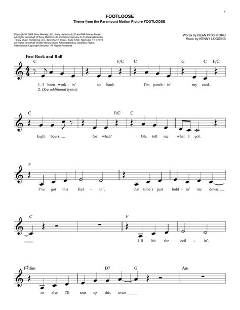 Footloose by Kenny Loggins Sheet Music for Easy Lead Sheet / Fake Book ...