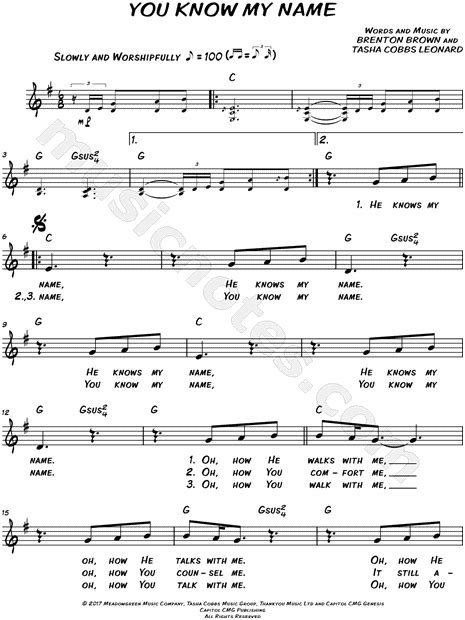 Tasha Cobbs Leonard feat. Jimi Cravity "You Know My Name" Sheet Music (Leadsheet) in G Major ...