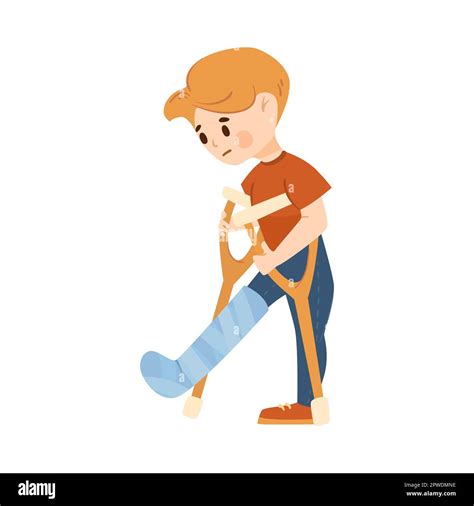 Sad boy on crutches with broken leg cartoon illustration Stock Vector Image & Art - Alamy