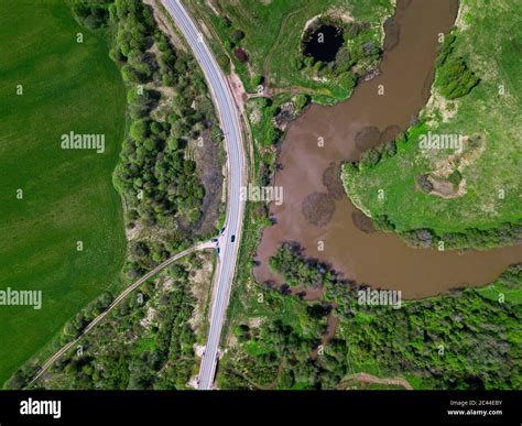 Aerial view highway stretching along dubna river spring hi-res stock ...