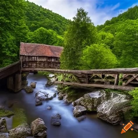 Medieval historic center with streams and wooden bridges on Craiyon