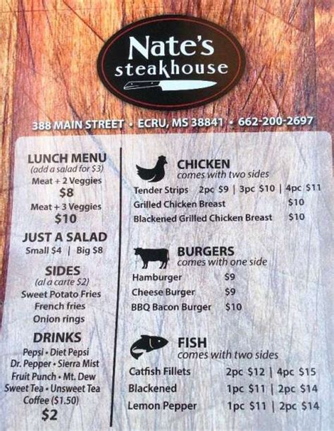 Nate's Steakhouse menu in Ecru, Mississippi, USA