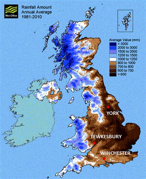 Annual average precipitation map of the UK showing location of three... | Download Scientific ...