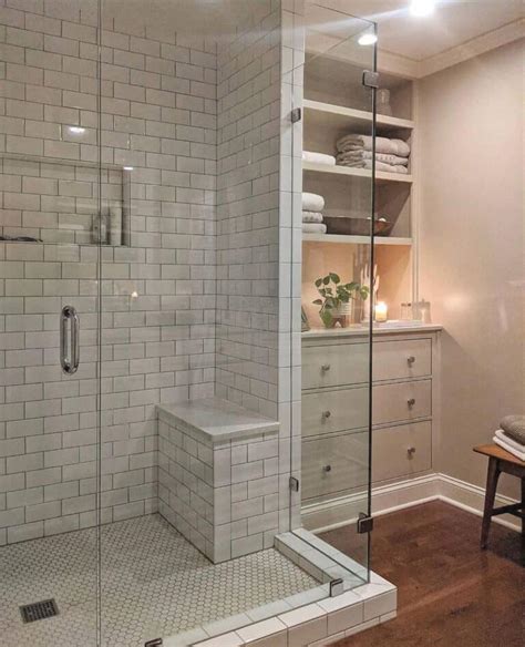 Shelving Unit Beside Shower with Bench - Soul & Lane