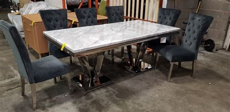 1 X VIDA LIVING ARTURO GREY MARBLE TOP DINING TABLE CHROME BASE WITH 6 X CUSHIONED BUTTONED BACK ...