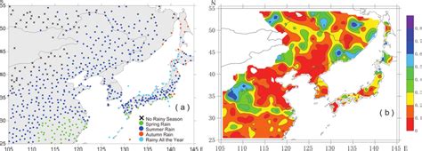 (a) The types of rainy season of all the stations in East Asia; (b) the ...