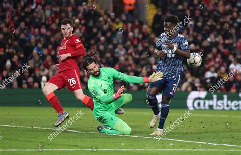 Liverpool Goalkeeper Alisson Becker Saves Bukayo Editorial Stock Photo ...