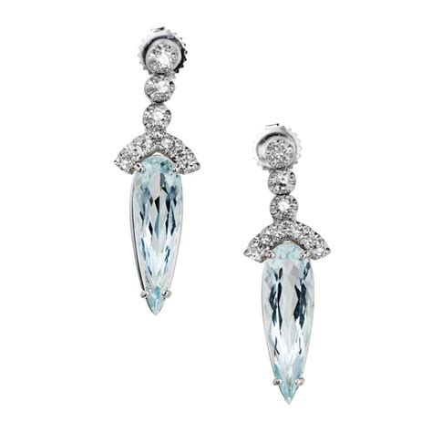 Pear Shaped Aquamarine Diamond Gold Dangle Drop Earrings For Sale at 1stdibs