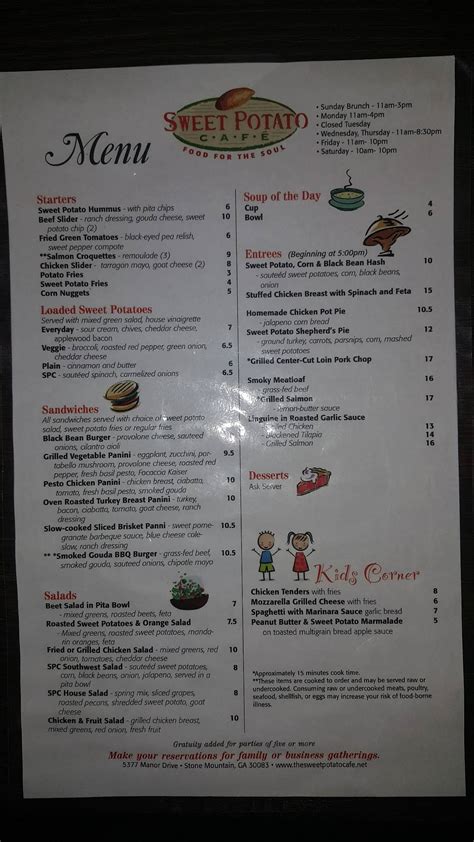 Menu at Sweet Potato Cafe, Stone Mountain