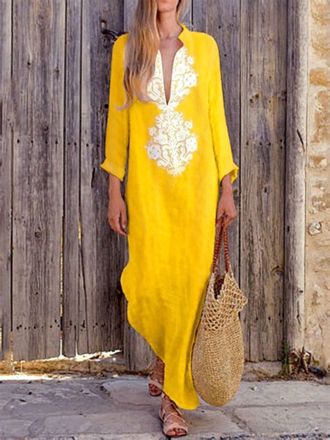 Fashionable Cotton/Line Casual V-Neck Yellow Dress | Yellow maxi dress ...