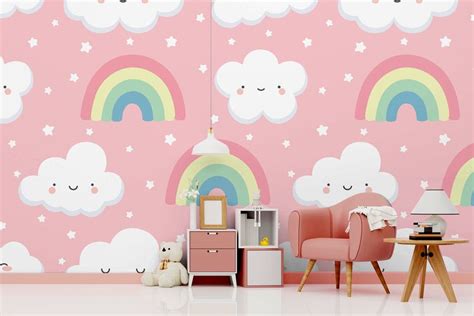 Pink wallpaper with clouds and rainbows For Kids self | Etsy in 2020 | Pink clouds wallpaper ...