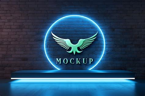 Premium PSD | 3D logo mockup in blue light wall