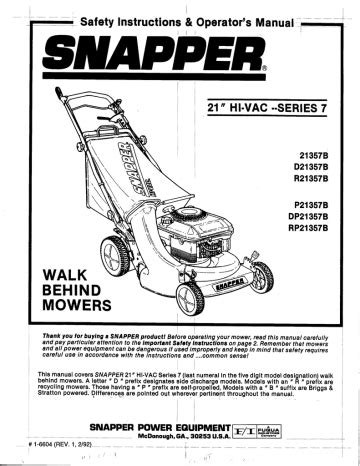 Snapper DP21357B Lawn Mower User Manual | Manualzz