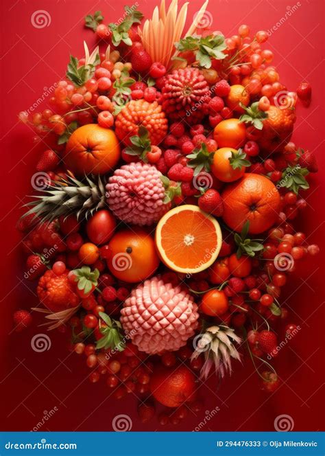 Fruit Arrangement in the Shape of a Heart on a Red Background Stock ...