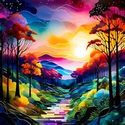 magic-forest-landscape-with-sunset-alcohol-ink-stardust-midnight-dynamic-lighting-intricate ...