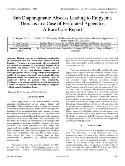 Sub Diaphragmatic Abscess Leading To Empyema Thoracis in A Case of ...