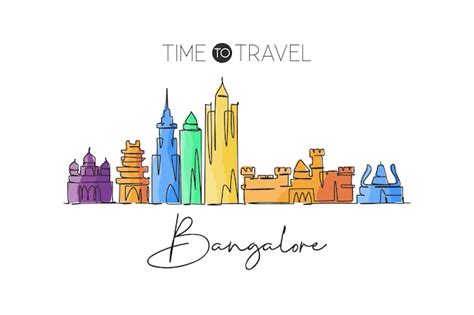 Premium Vector | One single line drawing Bangalore skyline India Historical landscape in world ...