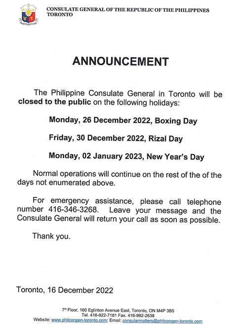 Announcements | The Philippine Consulate General - Toronto, Canada