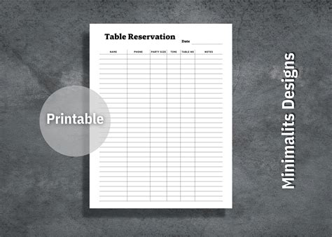 Table Reservation List, Restaurant Table Reservation List, Printable Table Reservation List ...