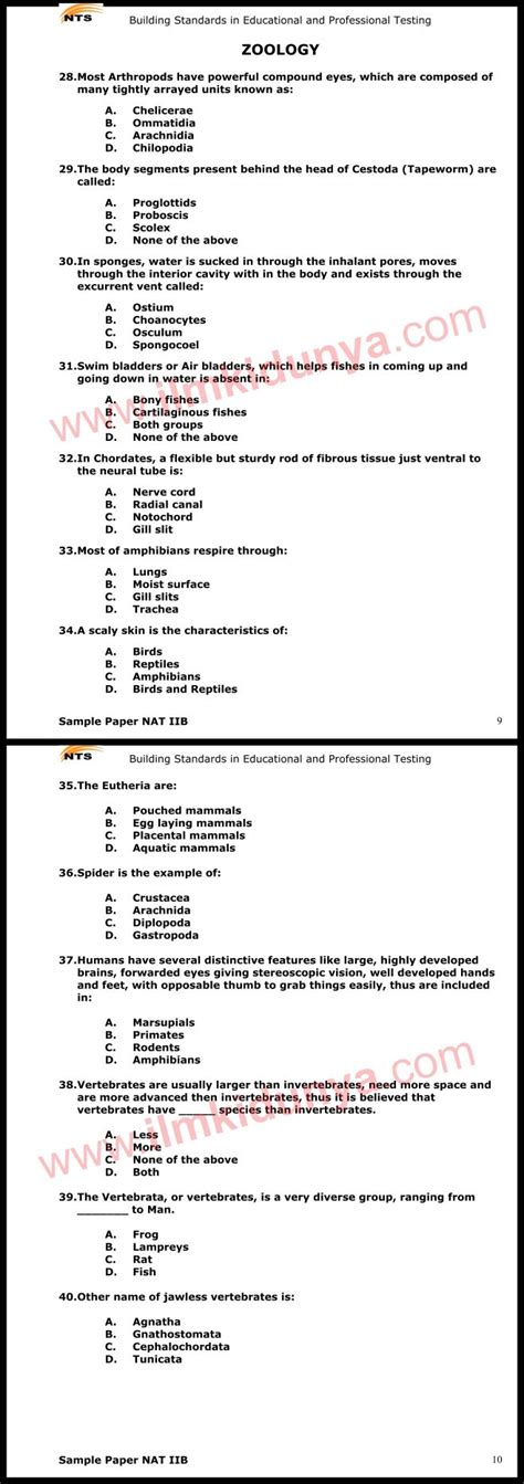 NTS Sample Papers Past Papers NAT IIB Biological Science Zoology