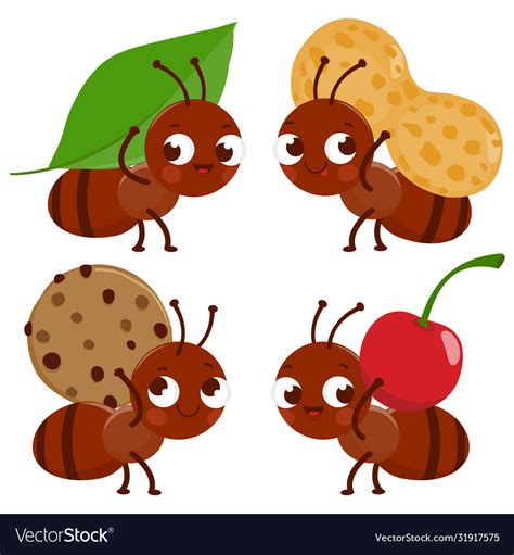 Cute ant workers carrying food Royalty Free Vector Image