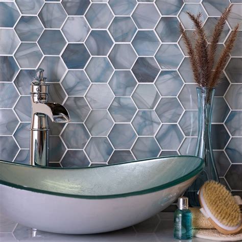 Sea Glass Hexagon Blue Mosaic Tile | Blue mosaic tile, Blue bathroom tile, Mosaic tiles