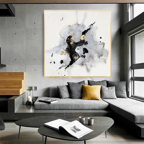 Minimalist White Black Gray Wall Art with Gold Leaf, Modern Home Decor ...