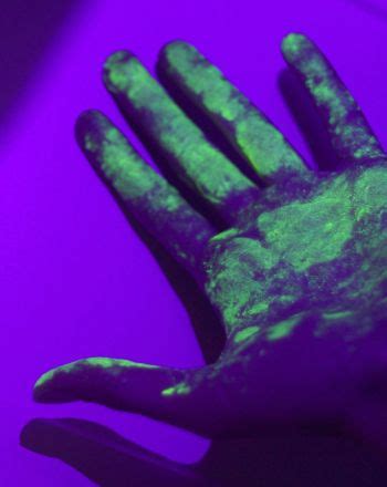 a person's hand covered in green paint against a purple background with ...