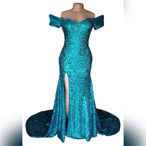 Turquoise green full patterned sequins prom off shoulder dress - Marisela Veludo - Your Personal ...