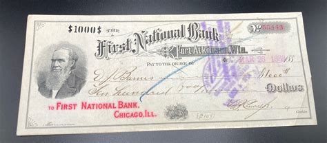 1888 First National Bank FORT ATKINSON WI Pay to the Order Voided Big $1k Check for Sale ...