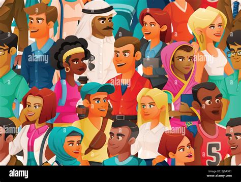 Cartoon characters diversity composition with view of crowd with young people of colour wearing ...