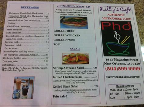 Menu at Lilly's Café restaurant, New Orleans