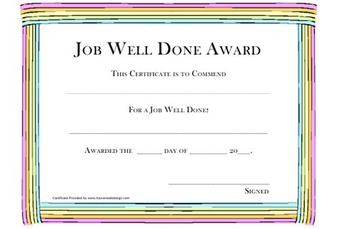 a certificate for a job well done with colored lines on the front and ...