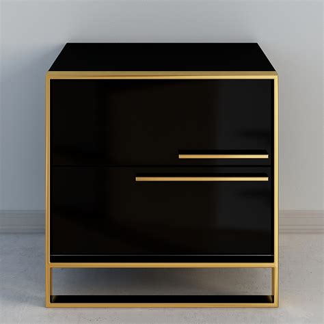 Cylina Modern 2 Drawers Black Lacquer Nightstand in Gold | Homary