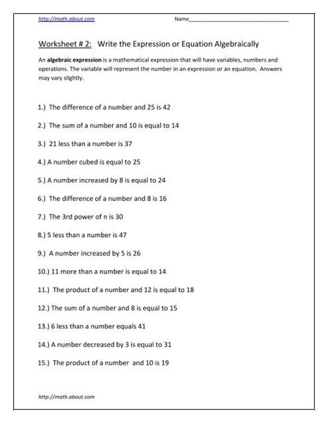 Worksheet # 2: Write the Expression or Equation Algebraically