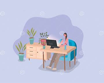 Woman with Computer on Desk and Plants Inside Pots Vector Design Stock Vector - Illustration of ...