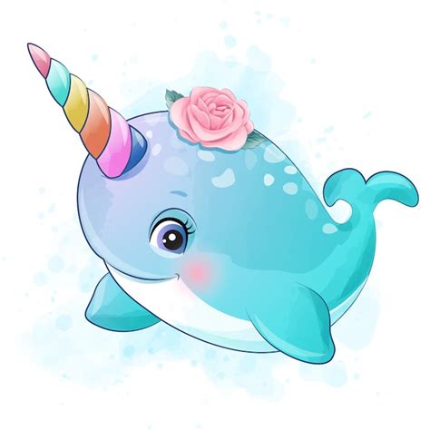 Premium Vector | Cute little narwhal with watercolor illustration