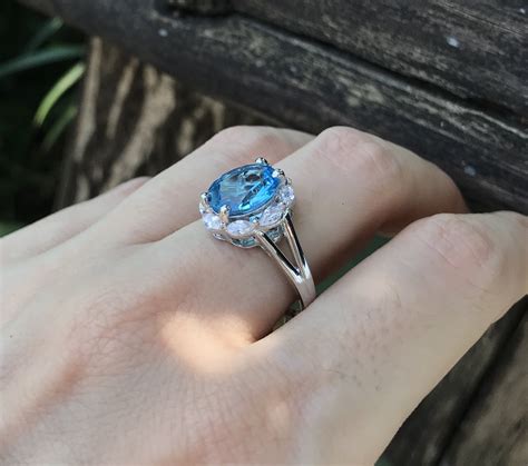 Swiss Blue Topaz Halo Solitaire Ring- Oval Blue Topaz Anniversary Split Ring- Unique Blue ...