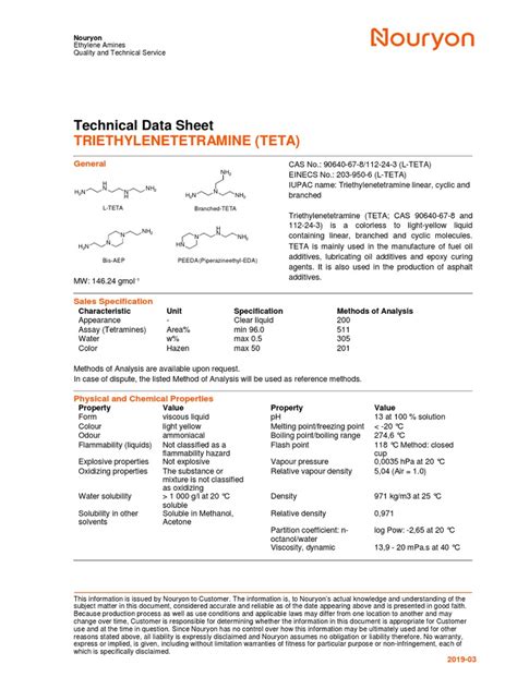 Technical Data Sheet: Triethylenetetramine (Teta) | PDF | Solubility ...