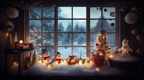 This Christmas Scene Contains Snowmen And Ornaments Near The Window Background, Christmas Image ...