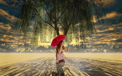 Girl With Umbrella In Rain Wallpaper