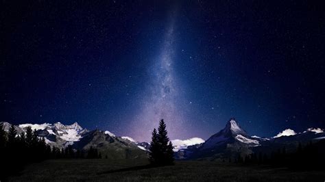 Download Star Night Tree Mountain Nature Landscape HD Wallpaper